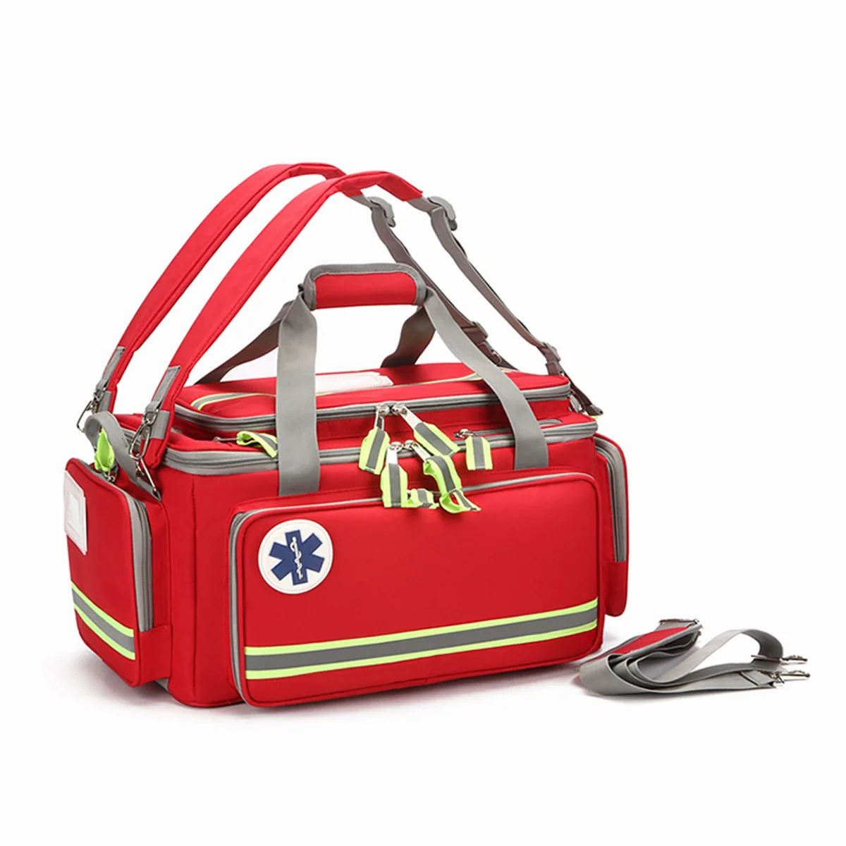 Red rescue duffel bag used as an example for relief kit packing