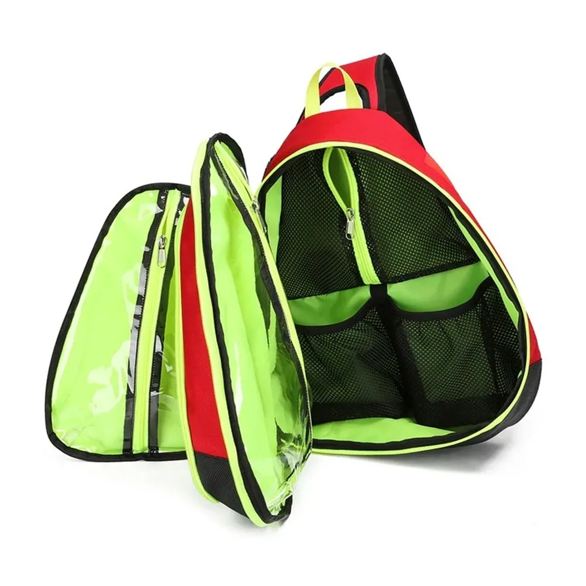 Open medical bag with mesh pockets and clear compartments